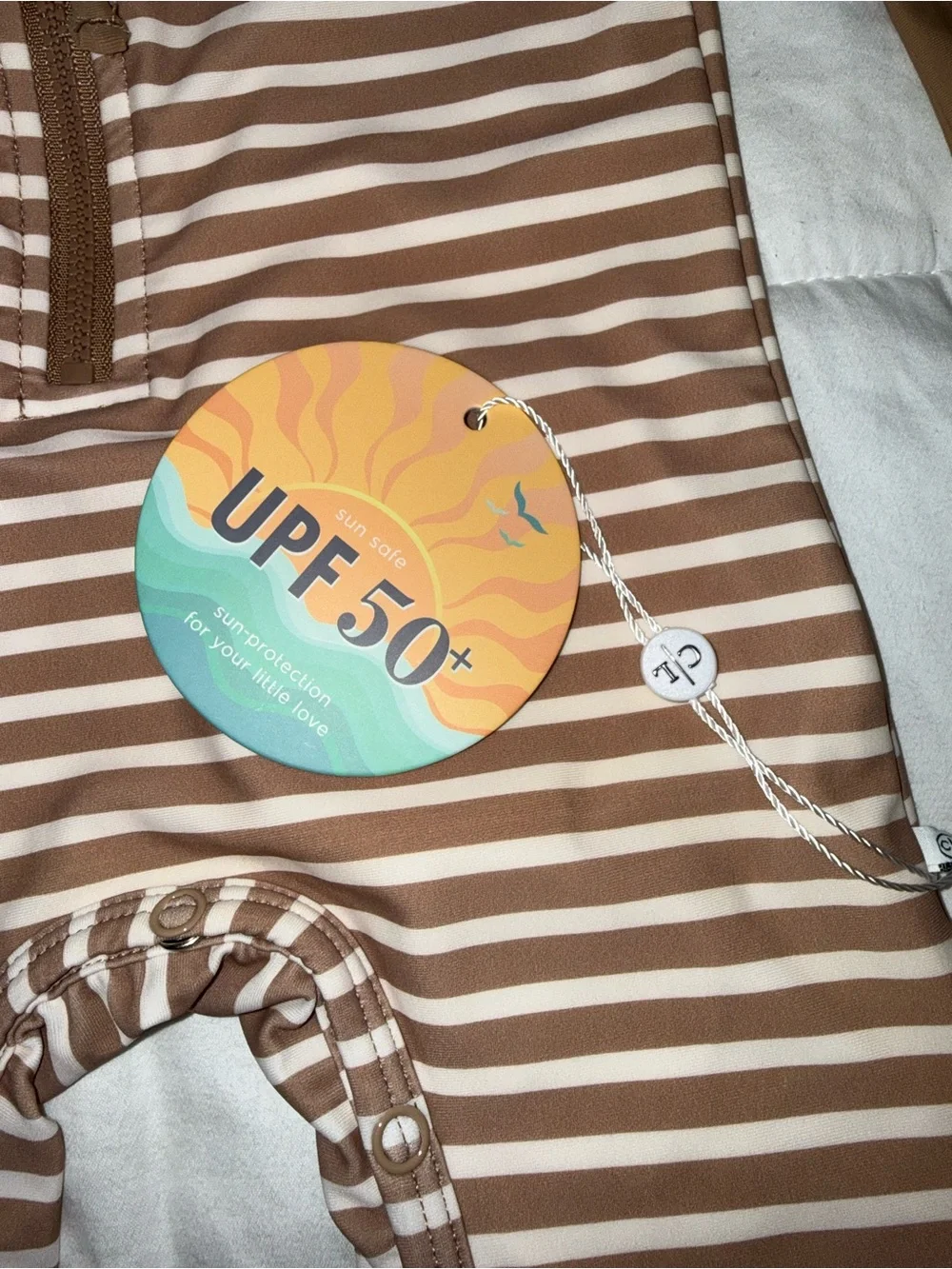 NWT Caden Lane Kids UPF 50+ Brown Stripe Long-Sleeve Swim Romper